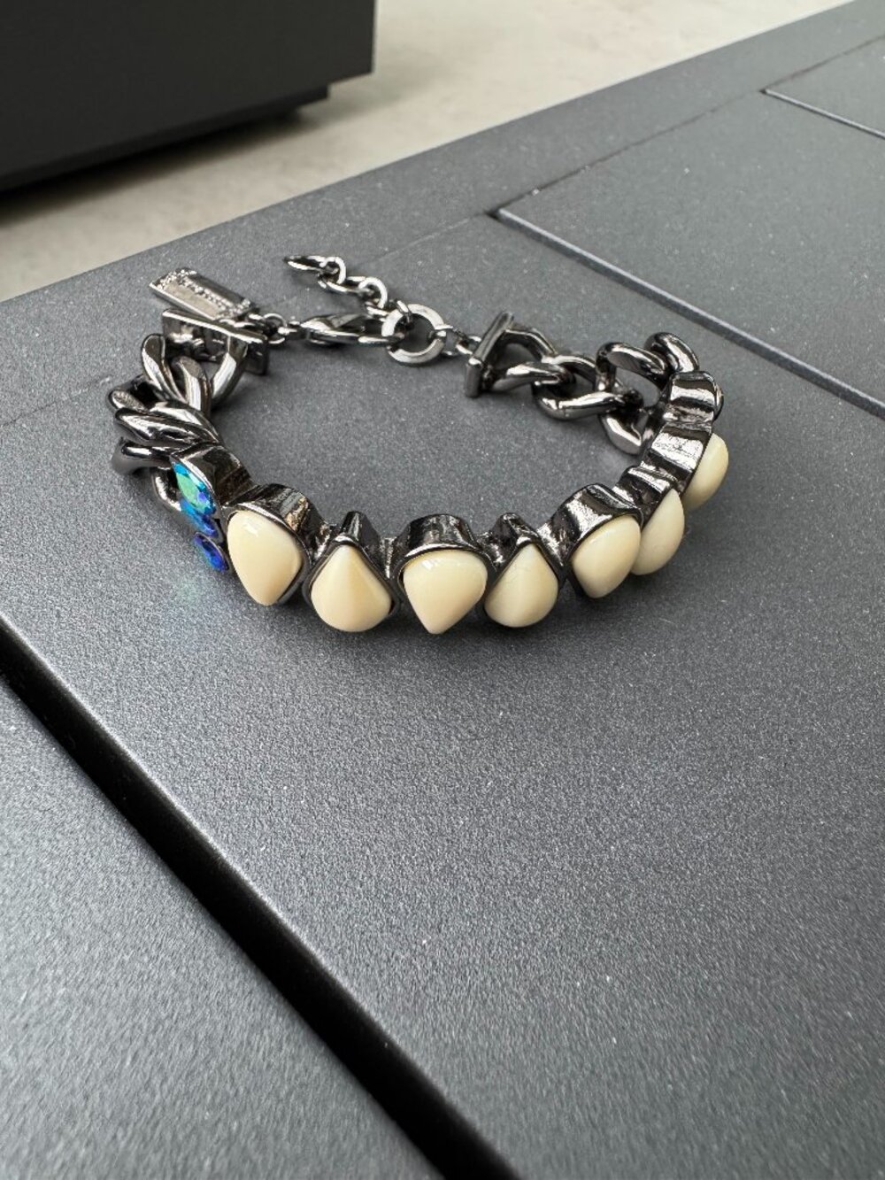 Y2K Gothic Fang Tooth Charm Bracelet Gunmetal Blue Rhinestone Statement